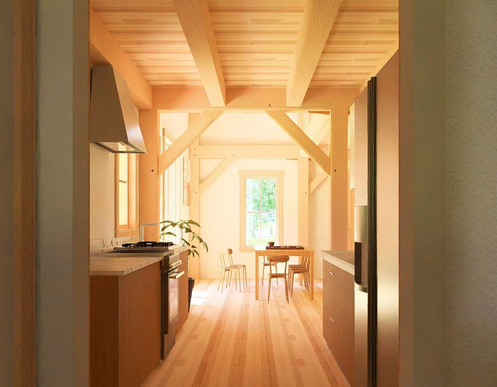 timber-frame-cabin-modern-kitchen