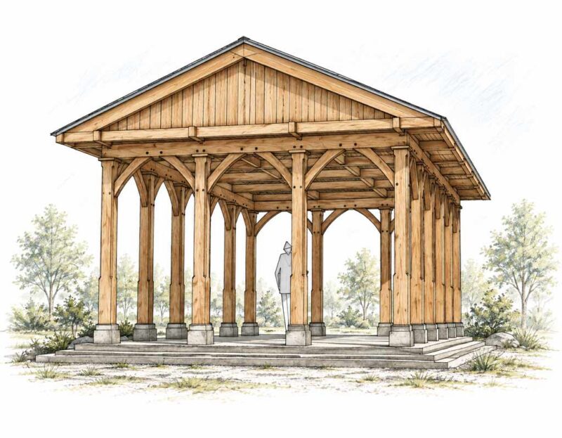Perspective of a Classical Tuscan timber frame pavilion with exposed rafters, arched knee braces, chamfered columns, and stone base